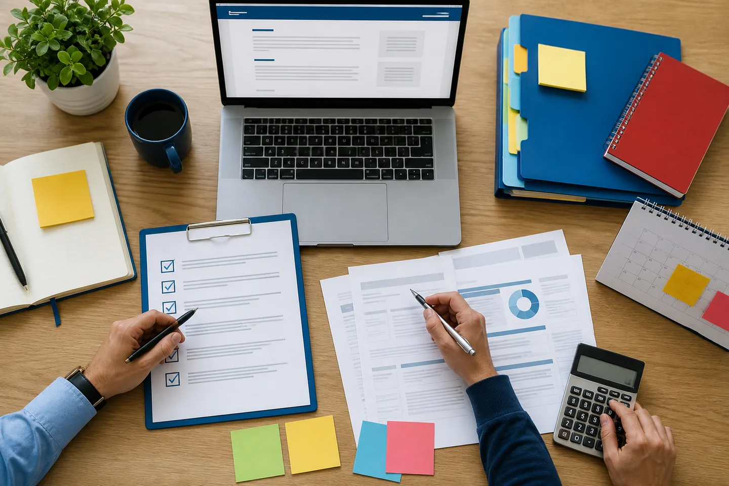 Mesa organizada com checklist, calendário e documentos para inscrição em edital por uma organização social