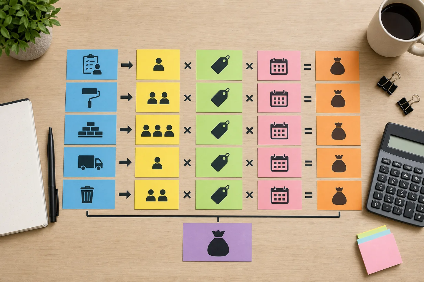 Representação visual da memória de cálculo ligando atividades, quantidades, valores unitários e duração ao orçamento total