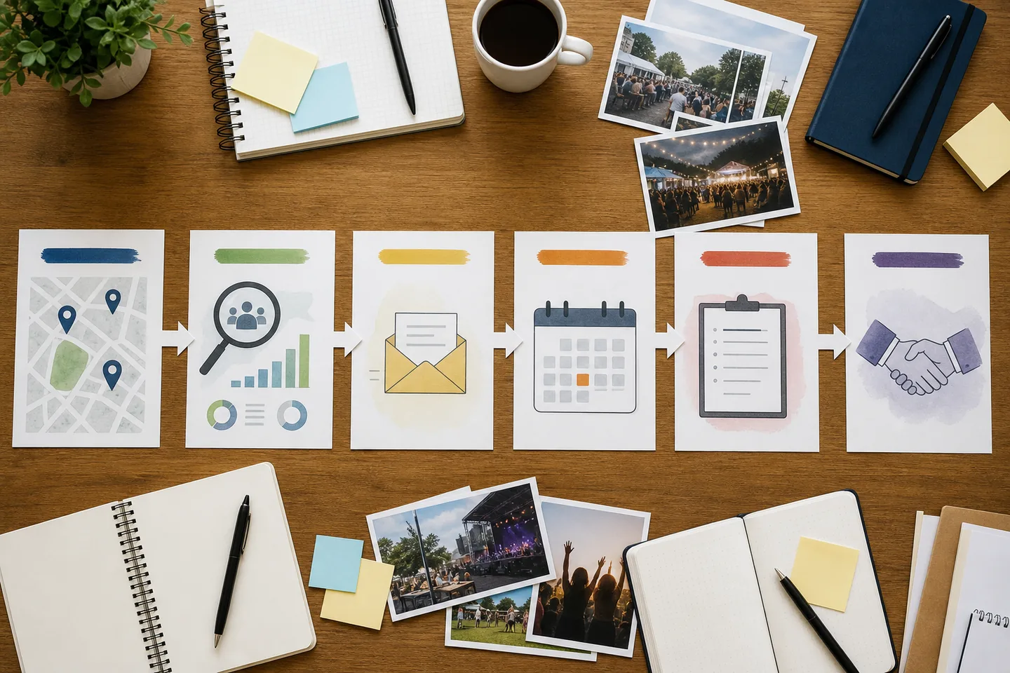 Representação visual das etapas de prospecção, do mapeamento de empresas ao relacionamento com patrocinadores
